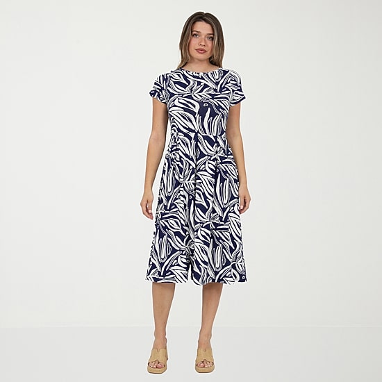 24seven Comfort Apparel Womens Midi Boat Neck Short Sleeve Abstract Fit + Flare Dress