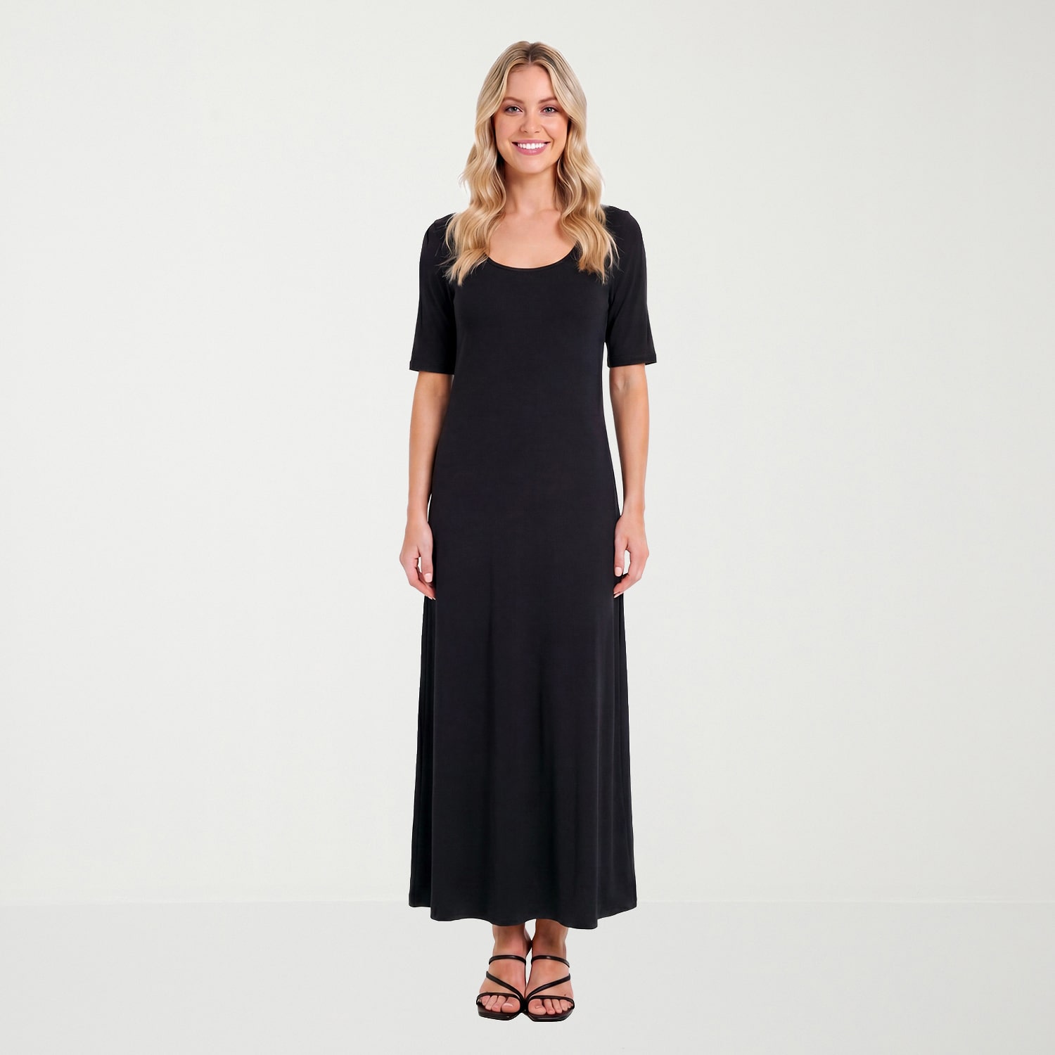 24seven Comfort Apparel Womens Scoop Neck Elbow Sleeve Maxi Dress