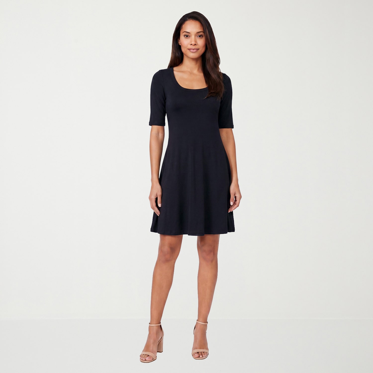 24seven Comfort Apparel Womens Scoop Neck Elbow Sleeve Fit + Flare Dress