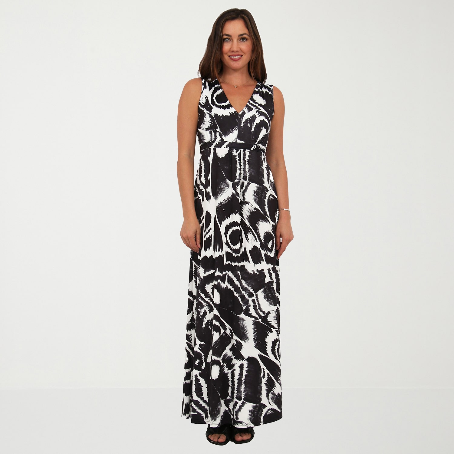 24seven Comfort Apparel Womens V Neck Sleeveless Paisley Empire Waist Dress