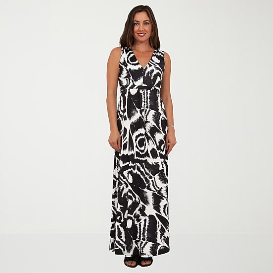 24seven Comfort Apparel Womens V Neck Sleeveless Paisley Empire Waist Dress