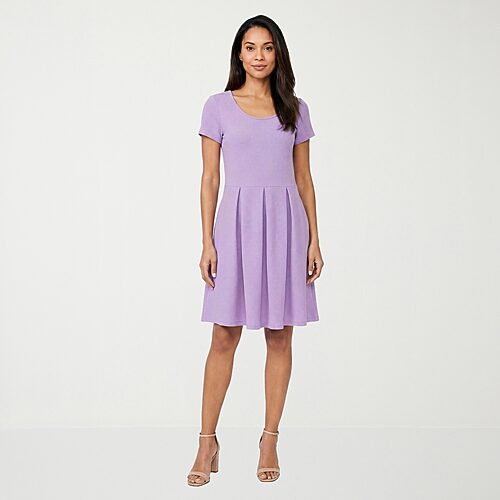 24seven Comfort Apparel Womens Scoop Neck Short Sleeve Fit + Flare Dress, Large, Purple