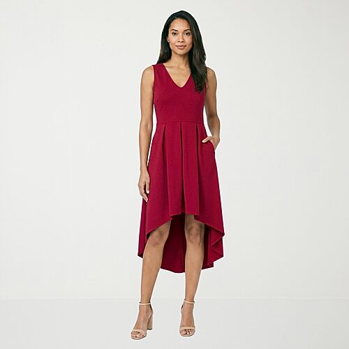 24seven Comfort Apparel Womens Midi V Neck Sleeveless Fit + Flare Dress In Red