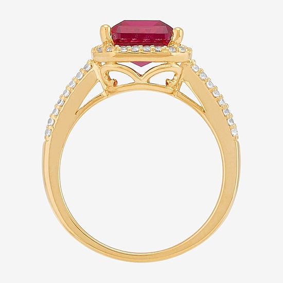 Womens Lab Created Red Ruby 14K Gold Over Silver Halo Side Stone Cocktail Ring
