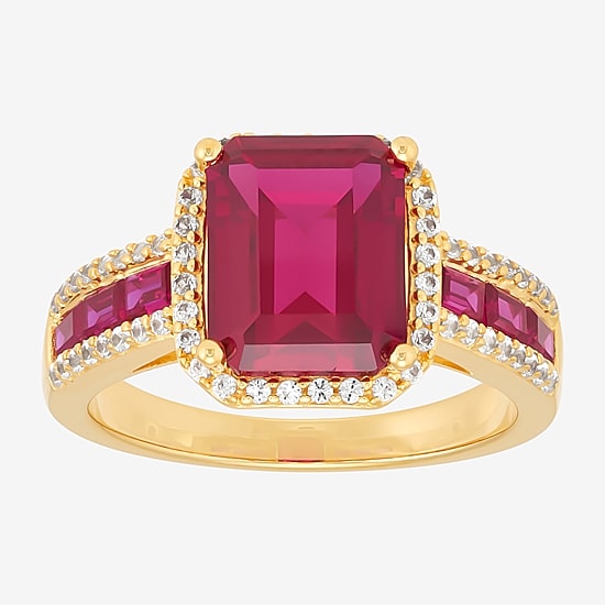 Womens Lab Created Red Ruby 14K Gold Over Silver Halo Side Stone Cocktail Ring