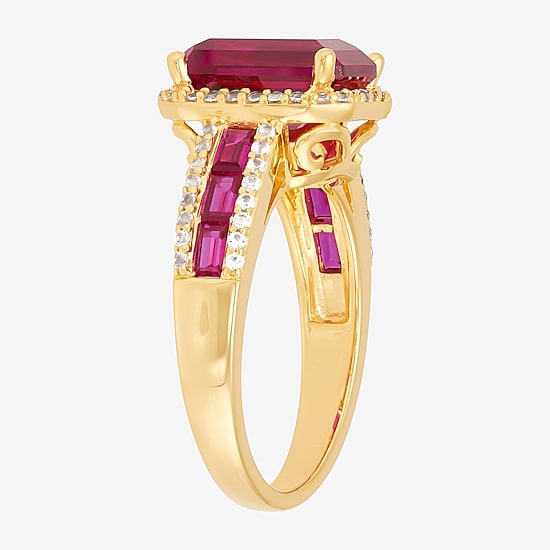 Womens Lab Created Red Ruby 14K Gold Over Silver Halo Side Stone Cocktail Ring