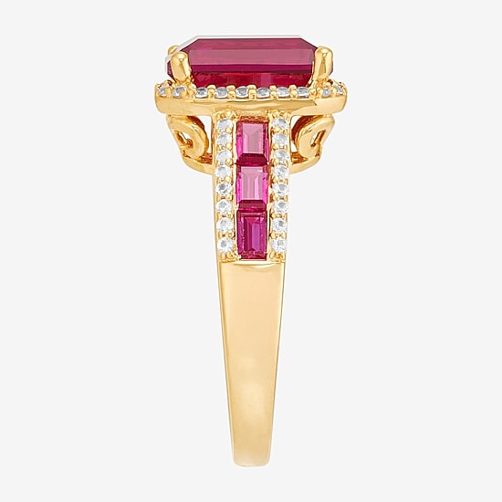 Womens Lab Created Red Ruby 14K Gold Over Silver Halo Side Stone Cocktail Ring