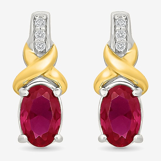 Lab Created Red Ruby 10K Gold Over Silver 13.4mm Oval Stud Earrings