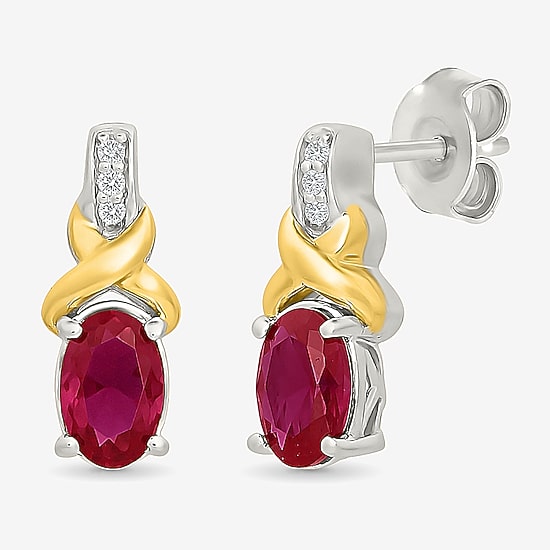 Lab Created Red Ruby 10K Gold Over Silver 13.4mm Oval Stud Earrings