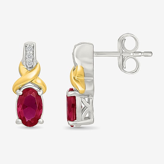 Lab Created Red Ruby 10K Gold Over Silver 13.4mm Oval Stud Earrings