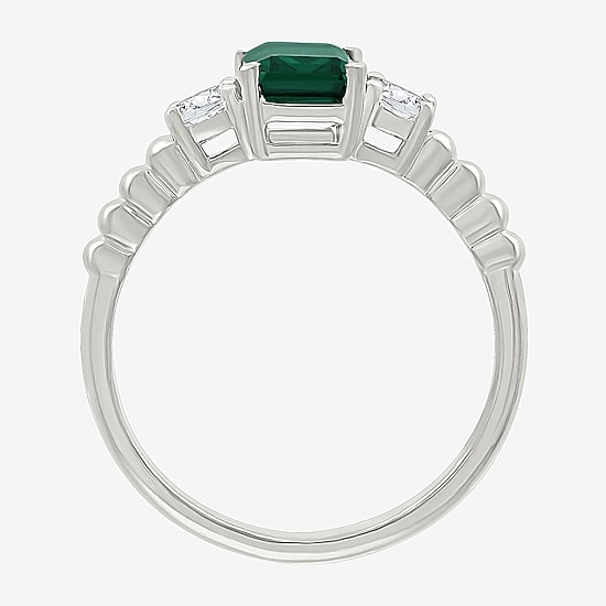 Womens Lab Created Green Emerald Sterling Silver 3-Stone Cocktail Ring