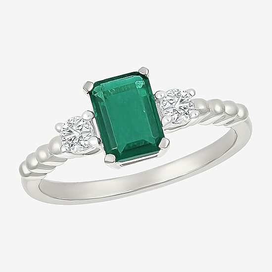 Womens Lab Created Green Emerald Sterling Silver 3-Stone Cocktail Ring