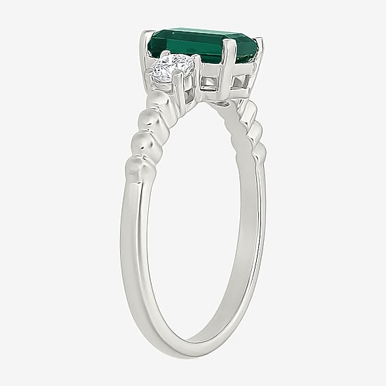 Womens Lab Created Green Emerald Sterling Silver 3-Stone Cocktail Ring