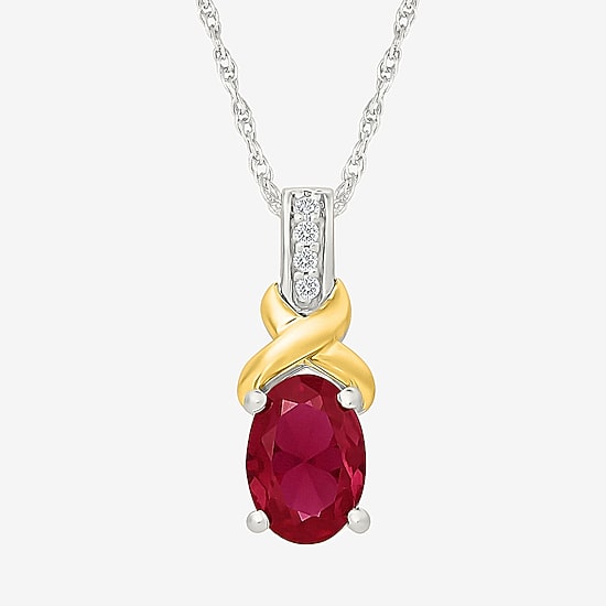 Womens Lab Created Red Ruby 10K Gold Over Silver Oval 18 Inch Pendant Necklace