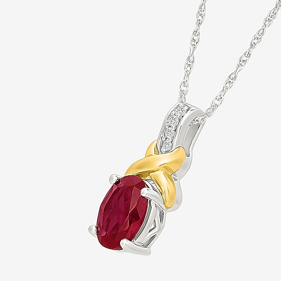 Womens Lab Created Red Ruby 10K Gold Over Silver Oval 18 Inch Pendant Necklace