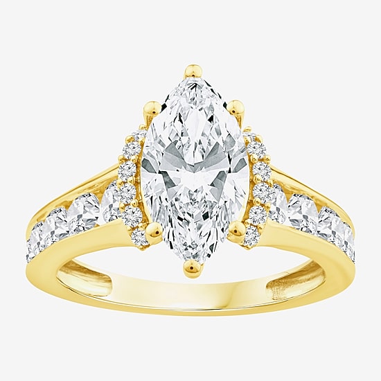 (F / Vs2) Womens 3 CT. T.W. Lab Grown White Diamond 10K Gold Marquise Side Stone Engagement Ring