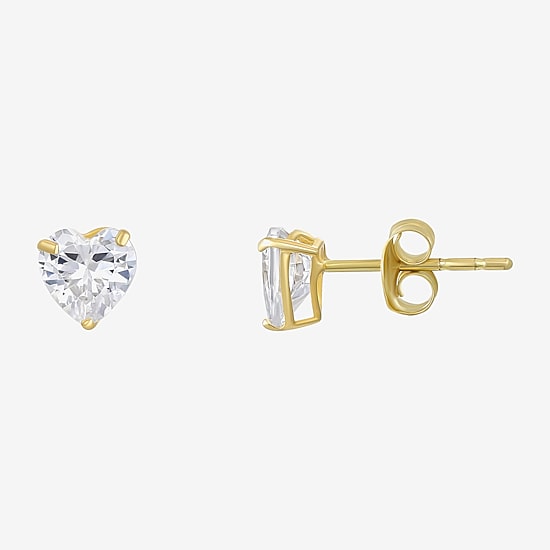 White Cubic Zirconia 14K Gold Heart Stud Earrings