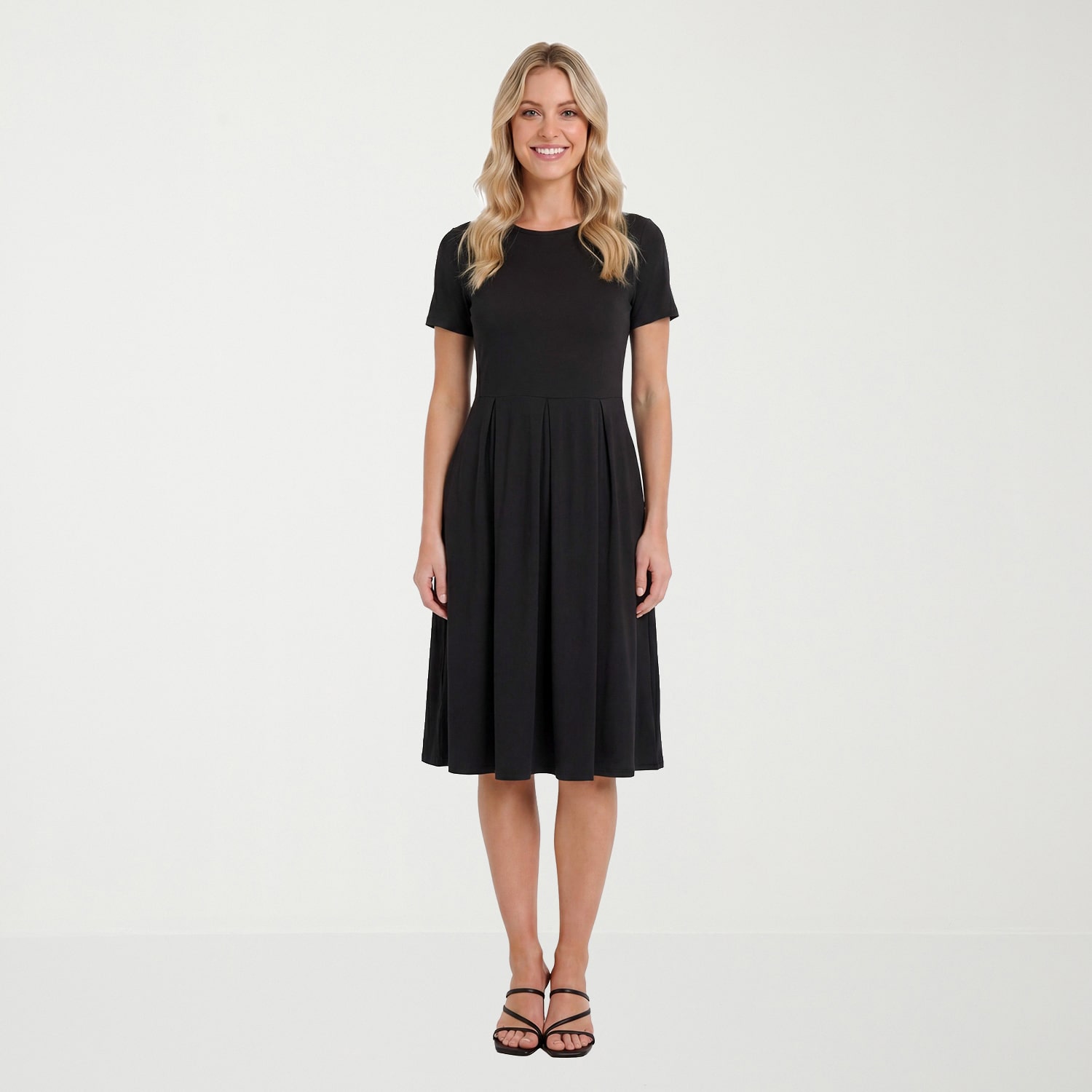 24seven Comfort Apparel Womens Midi Boat Neck Short Sleeve A-Line Dress