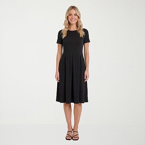 24seven Comfort Apparel Womens Midi Boat Neck Short Sleeve A-Line Dress, Small, Black