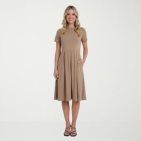 24seven Comfort Apparel Womens Midi Boat Neck Short Sleeve A-Line Dress