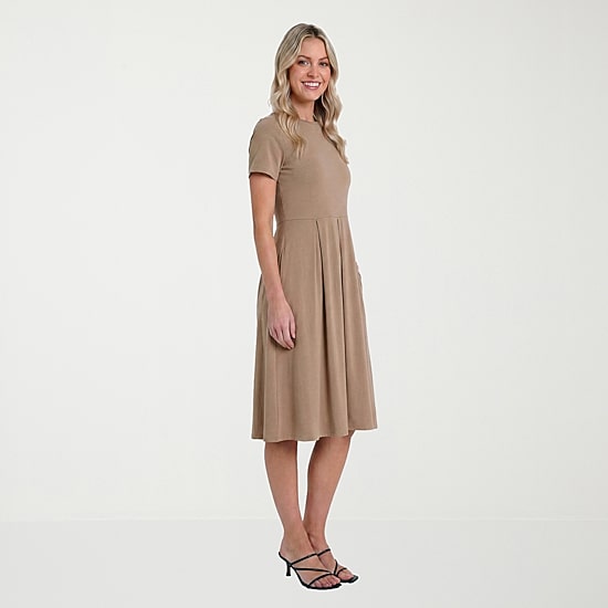 24seven Comfort Apparel Womens Midi Boat Neck Short Sleeve A-Line Dress