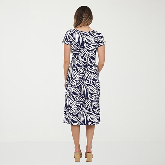 24seven Comfort Apparel Womens Midi Boat Neck Short Sleeve Abstract Fit + Flare Dress