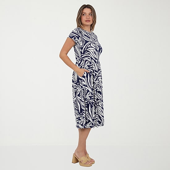 24seven Comfort Apparel Womens Midi Boat Neck Short Sleeve Abstract Fit + Flare Dress