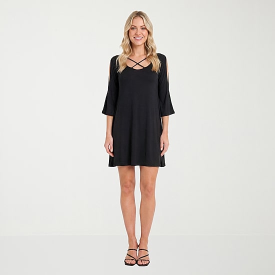 24seven Comfort Apparel Womens V Neck Elbow Sleeve Fit + Flare Dress