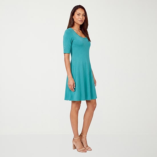24seven Comfort Apparel Womens Scoop Neck Elbow Sleeve Fit + Flare Dress