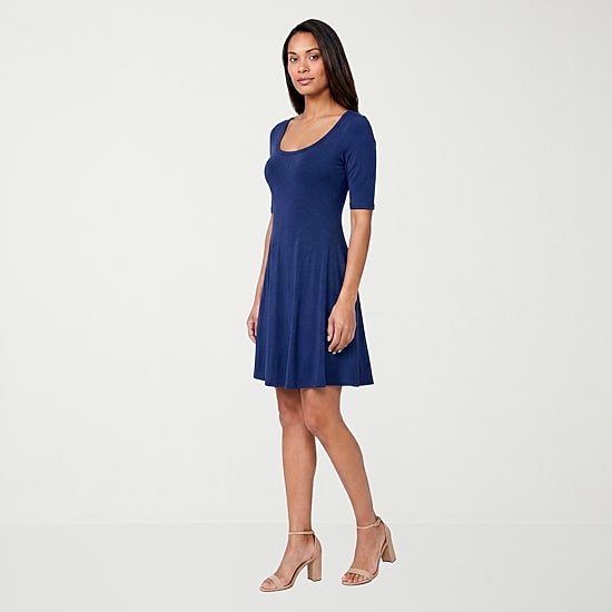 24seven Comfort Apparel Womens Scoop Neck Elbow Sleeve Fit + Flare Dress