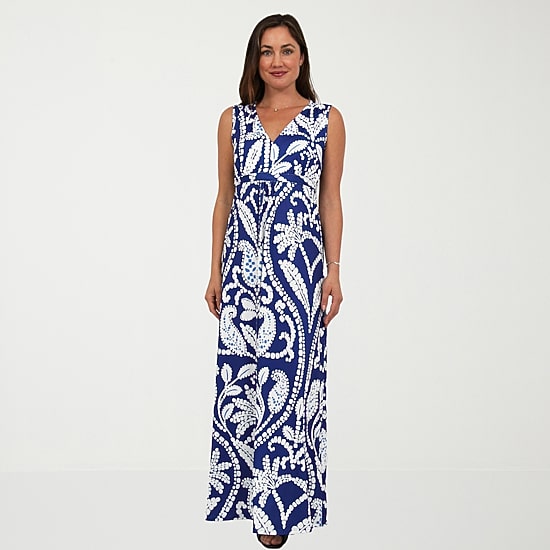 24seven Comfort Apparel Womens V Neck Sleeveless Paisley Empire Waist Dress
