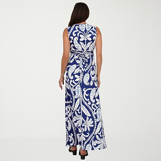 24seven Comfort Apparel Womens V Neck Sleeveless Paisley Empire Waist Dress