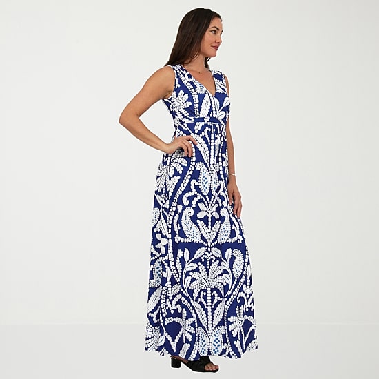 24seven Comfort Apparel Womens V Neck Sleeveless Paisley Empire Waist Dress
