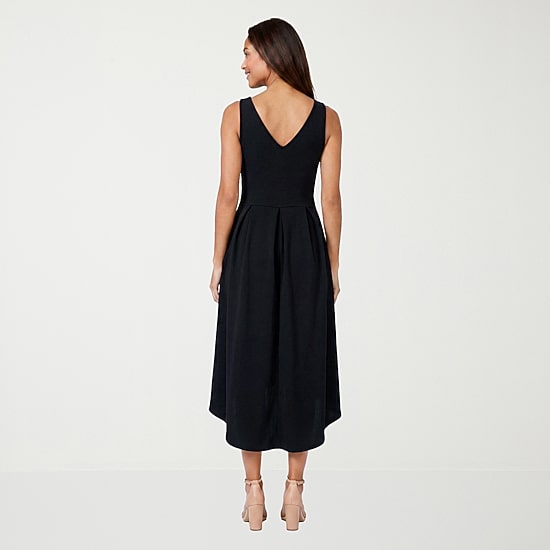 24seven Comfort Apparel Womens Midi V Neck Sleeveless Fit + Flare Dress