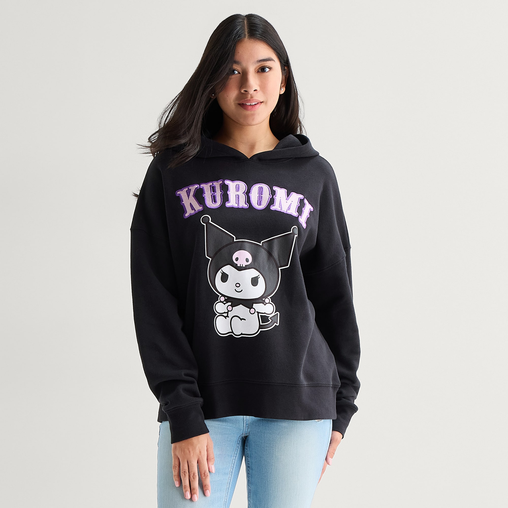 Grayson Threads, The Label Womens Juniors Long Sleeve Kuromi Fleece Hoodie