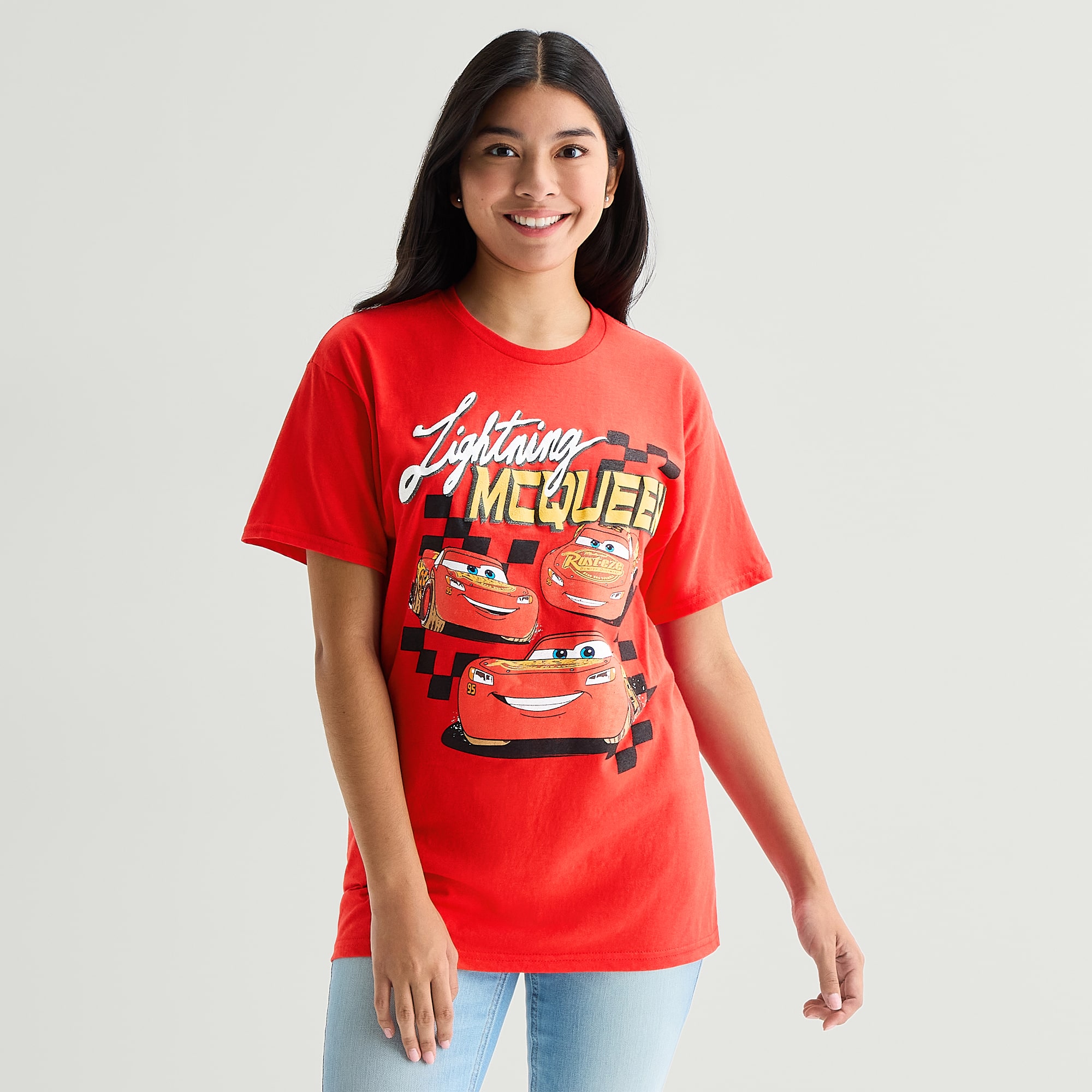 Womens Juniors Crew Neck Short Sleeve Oversized Cars Graphic T-Shirt
