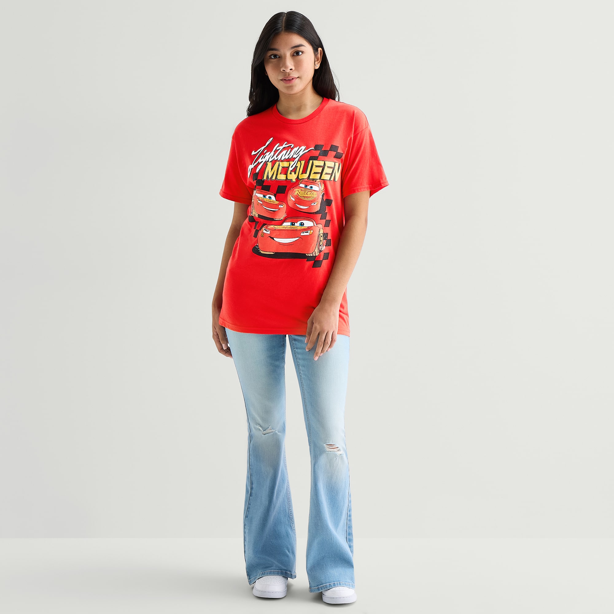 Womens Juniors Crew Neck Short Sleeve Oversized Cars Graphic T-Shirt