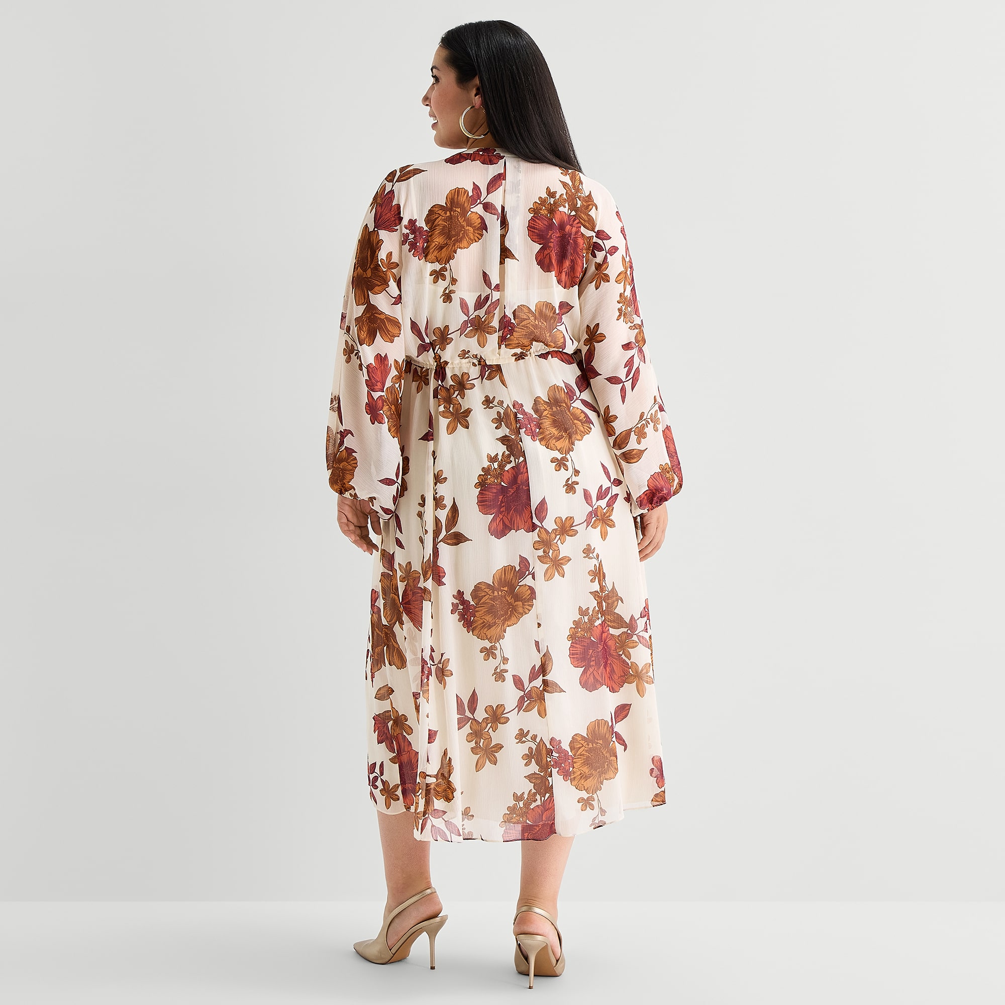 Premier Amour Womens Plus V Neck Long Sleeve Puffed Chiffon Maxi Dress