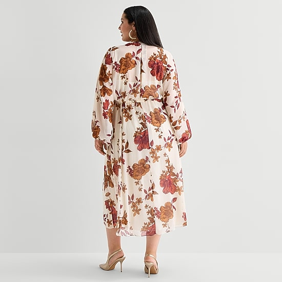 Premier Amour Womens Plus V Neck Long Sleeve Puffed Chiffon Maxi Dress