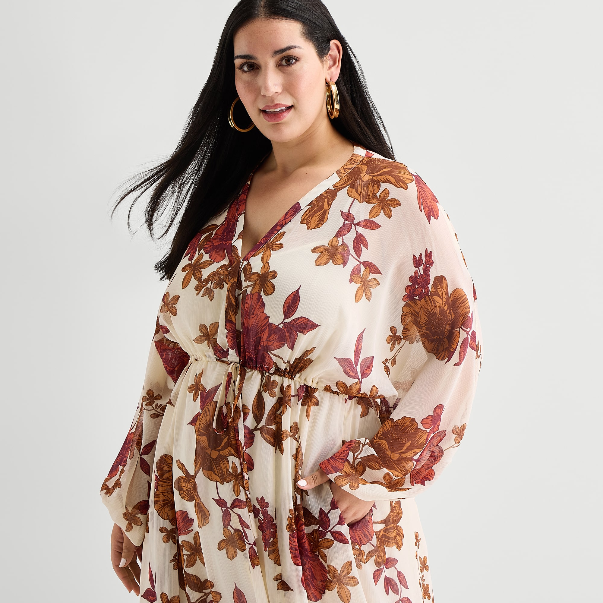 Premier Amour Womens Plus V Neck Long Sleeve Puffed Chiffon Maxi Dress