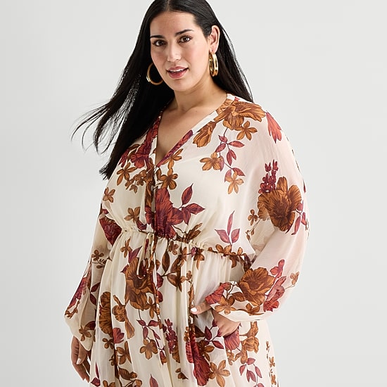 Premier Amour Womens Plus V Neck Long Sleeve Puffed Chiffon Maxi Dress