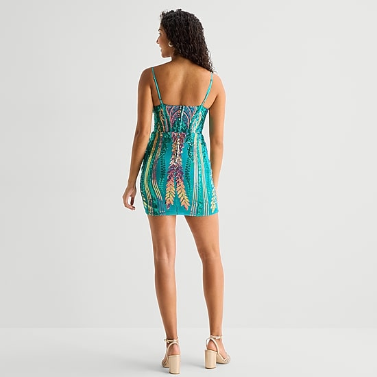 B. Darlin Womens Juniors V Neck Sleeveless Sequin Bodycon Dress