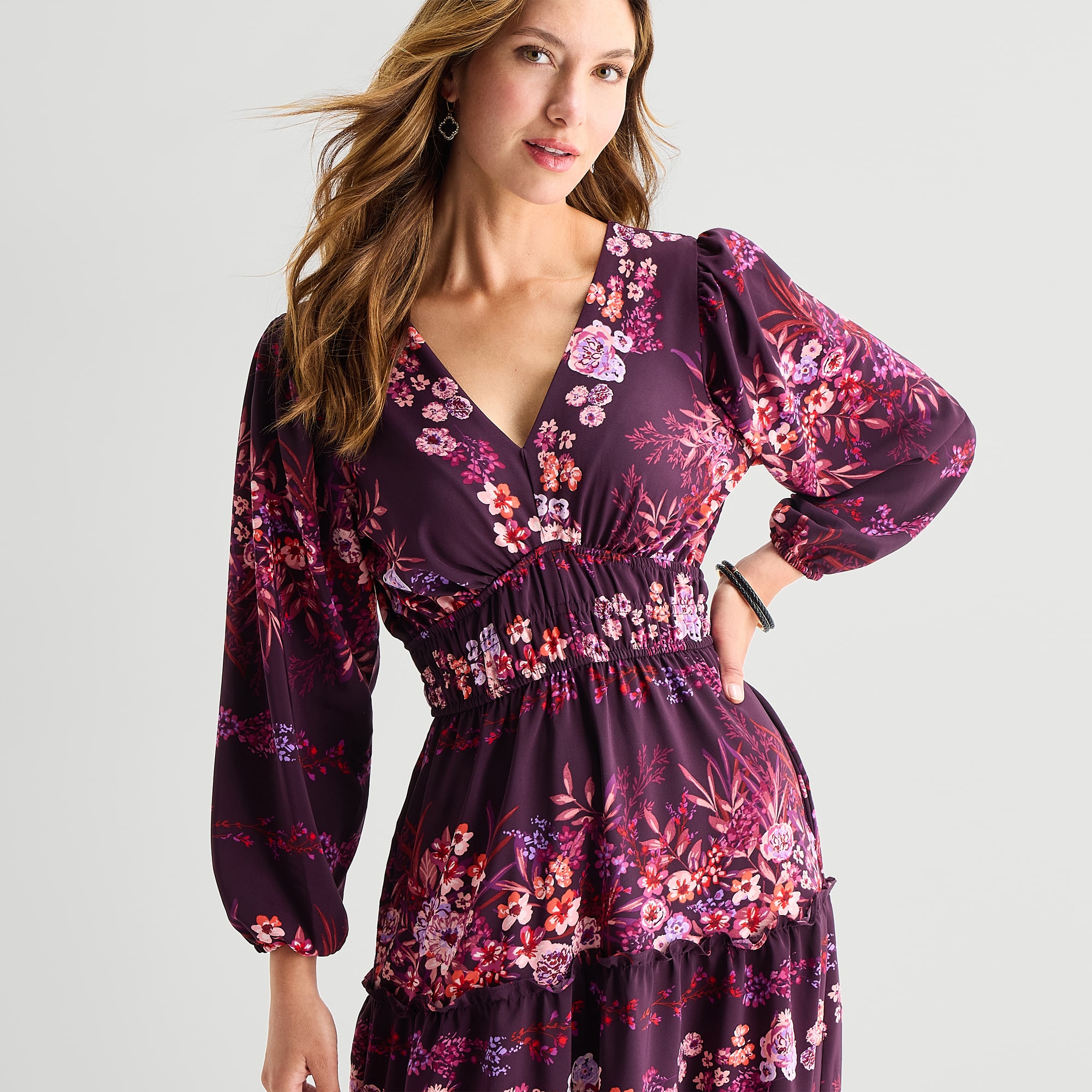 Melonie T Womens V Neck Long Sleeve Balloon Maxi Dress