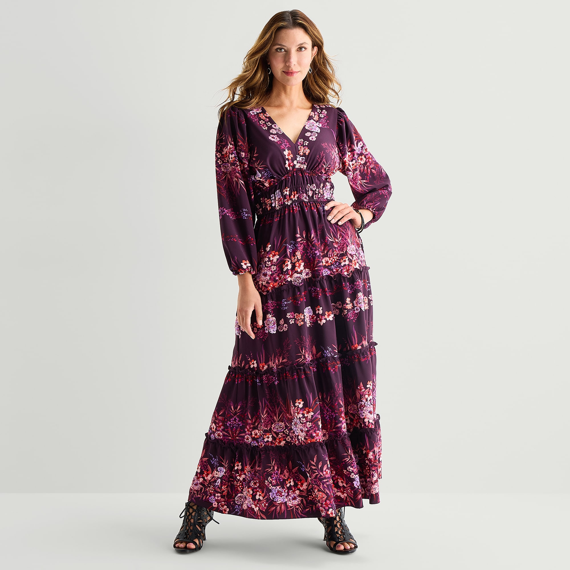 Melonie T Womens V Neck Long Sleeve Balloon Maxi Dress