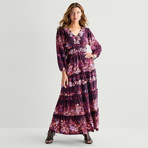 Melonie T Womens V Neck Long Sleeve Balloon Maxi Dress In Purple
