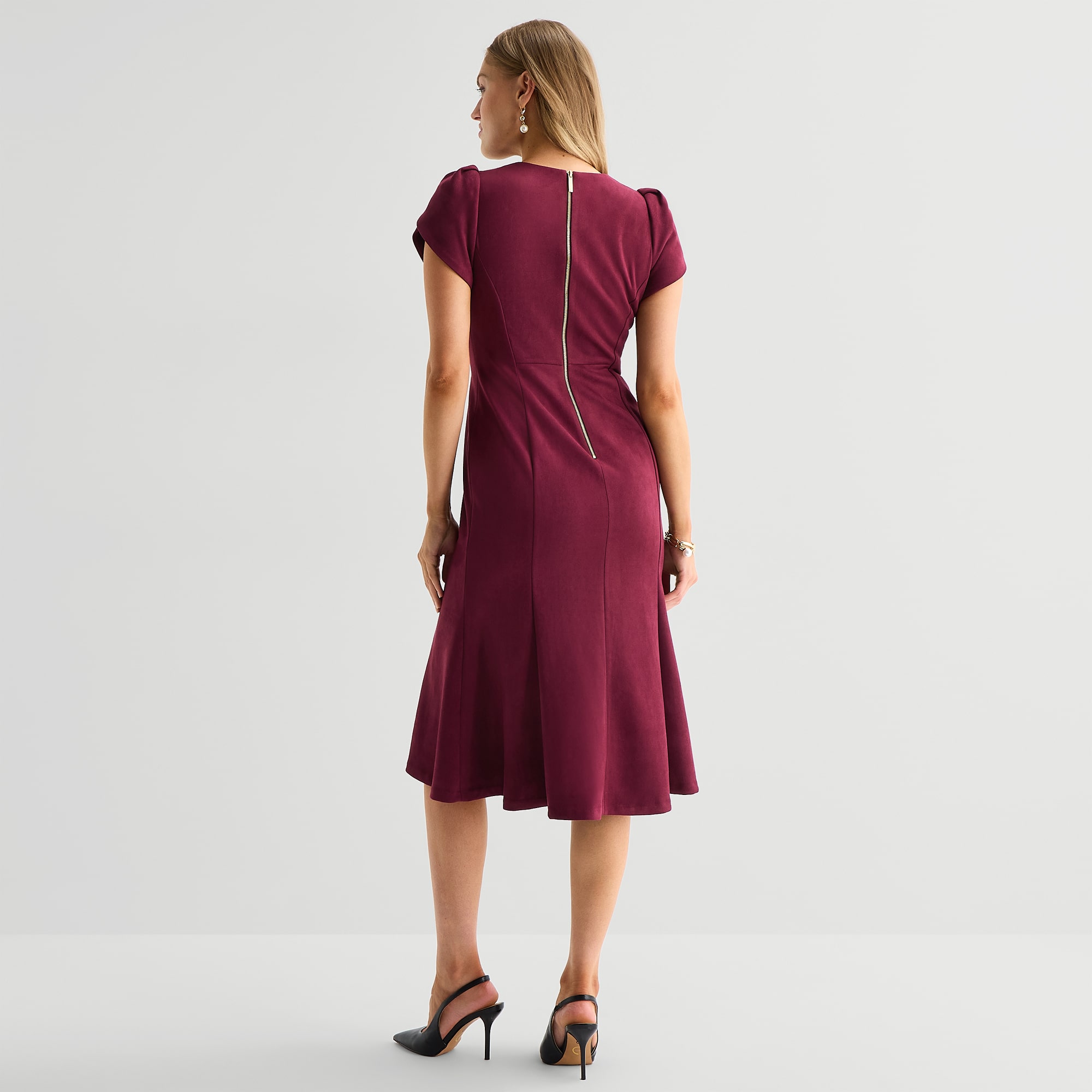 Marc New York Womens Midi Round Neck Short Sleeve Fit + Flare Dress