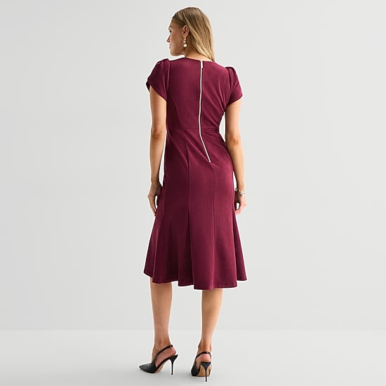 Marc New York Womens Midi Round Neck Short Sleeve Fit + Flare Dress