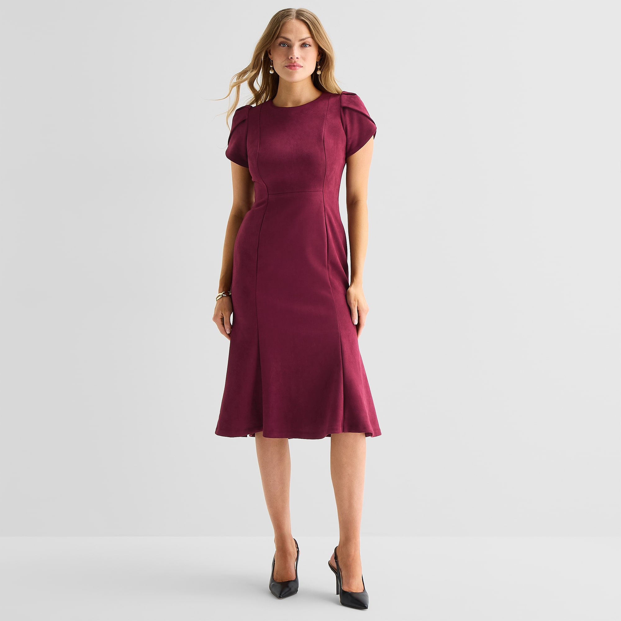 Marc New York Womens Midi Round Neck Short Sleeve Fit + Flare Dress