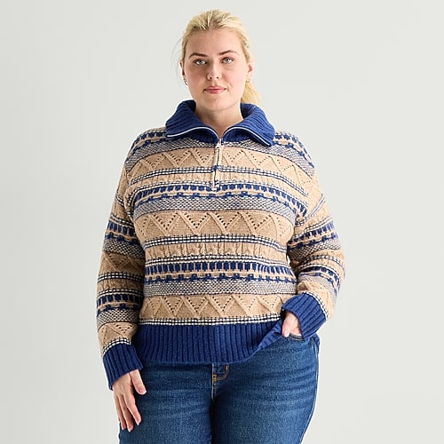 St. John's Bay Womens Long Sleeve Plus Striped Quarter-zip Pullover Sweater In Blue