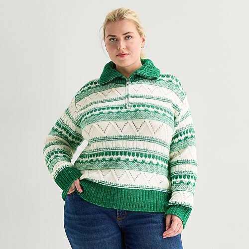 St. John's Bay Womens Long Sleeve Plus Striped Quarter-zip Pullover Sweater In Green